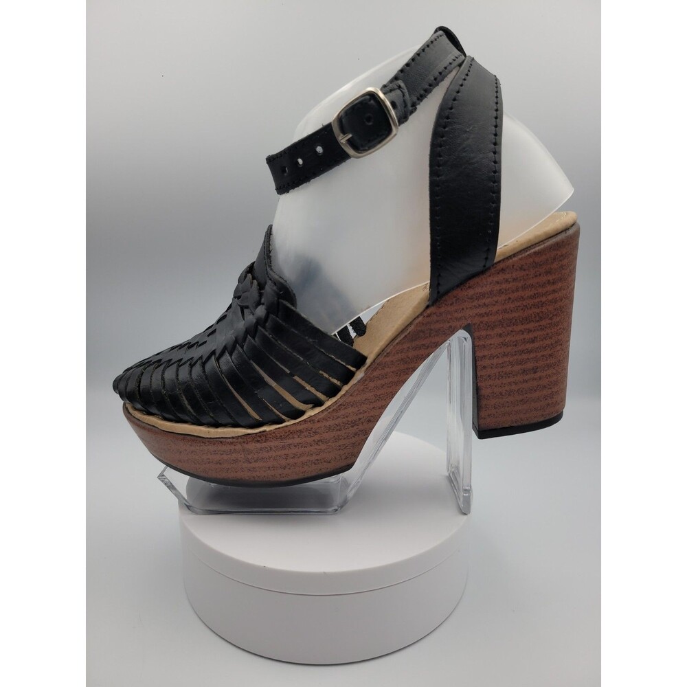 New-Women's BLACK Platform High Heel Ankle Strap Sandals- Leather Size US 9